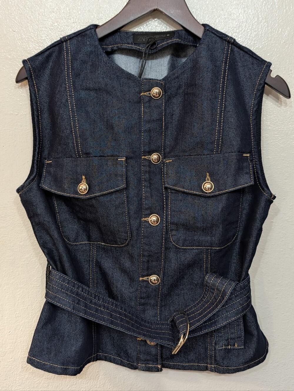 Zara Dark Indigo Denim Vest with Gold-Tone Buttons